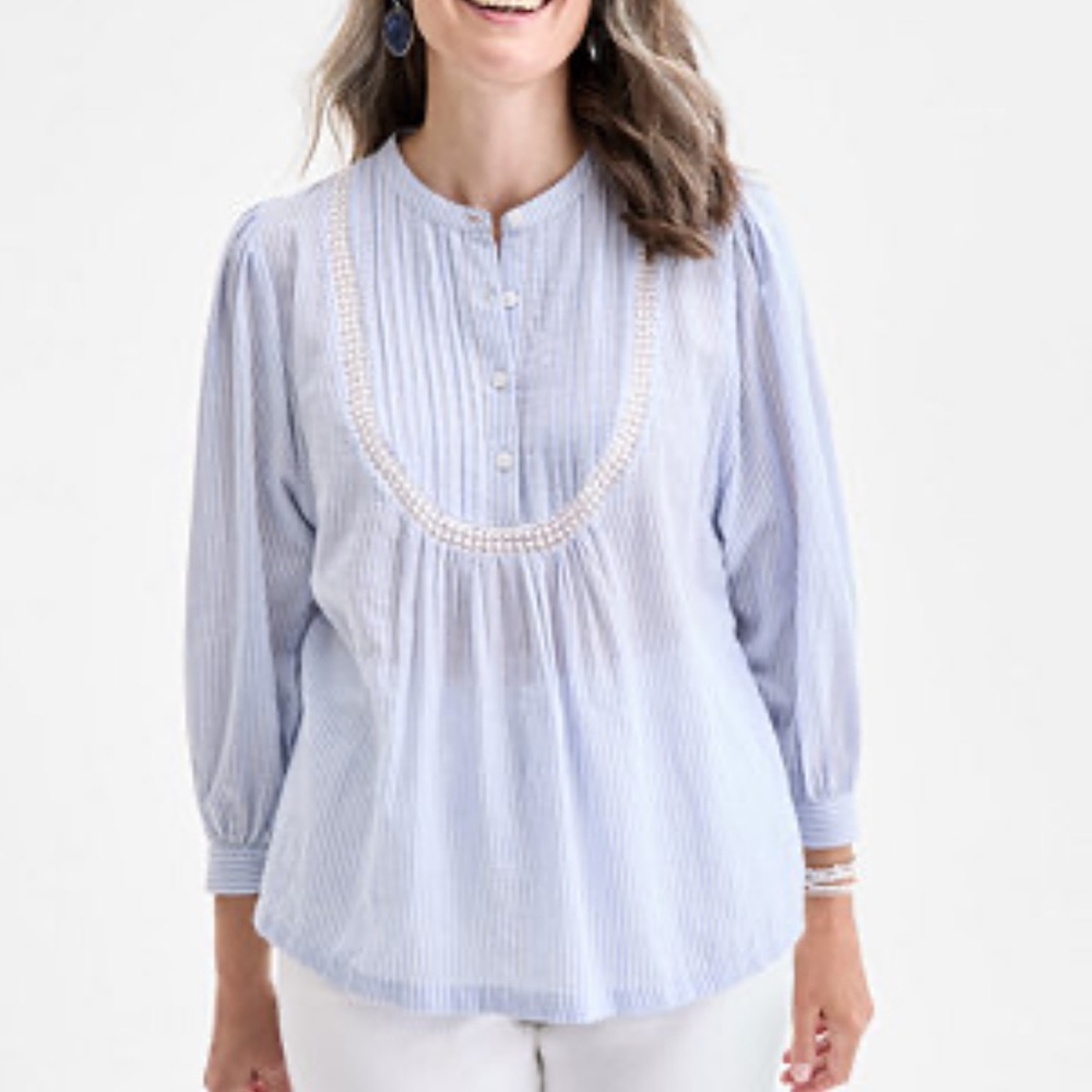 Style & Co Blue Stripe Lace Trim Pintuck Blouse Boho Peasant Top Size XL